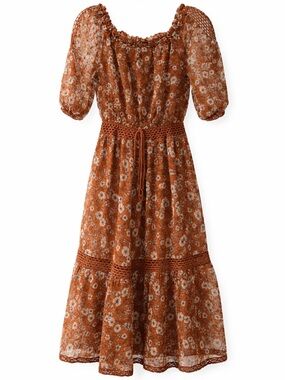 Ryan Michelle Floral Boho Midi Dress Small Rust Puff Sleeve Cottagecore